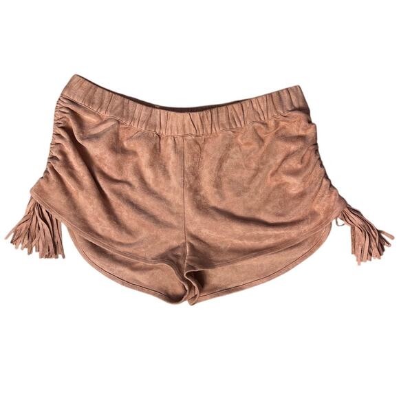 ASTARS LA Nude Pink Faux Vegan Suede Tassel Fringe Ruched  Micro Shorts Small - Picture 2 of 3